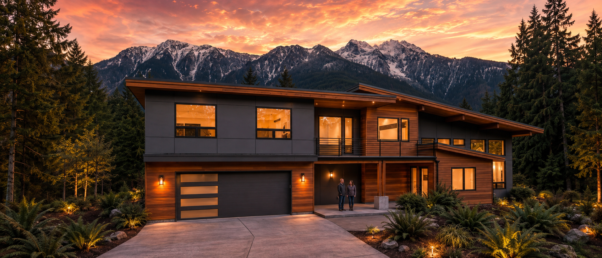 Modern wood and slate home glowing at sunset beneath snow-capped mountains
